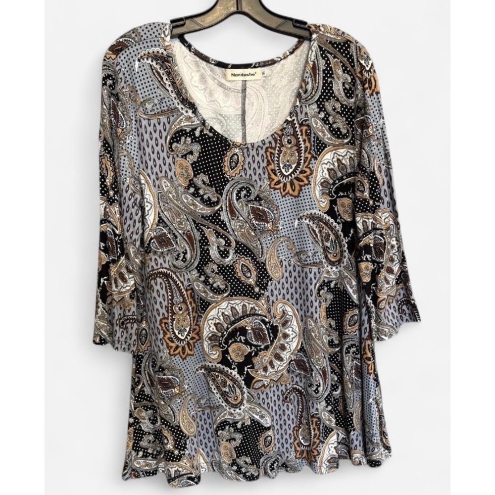 Nandashe XL Tunic Top Womens Grey Black Paisley 3/4 Sleeve Boho Tunic